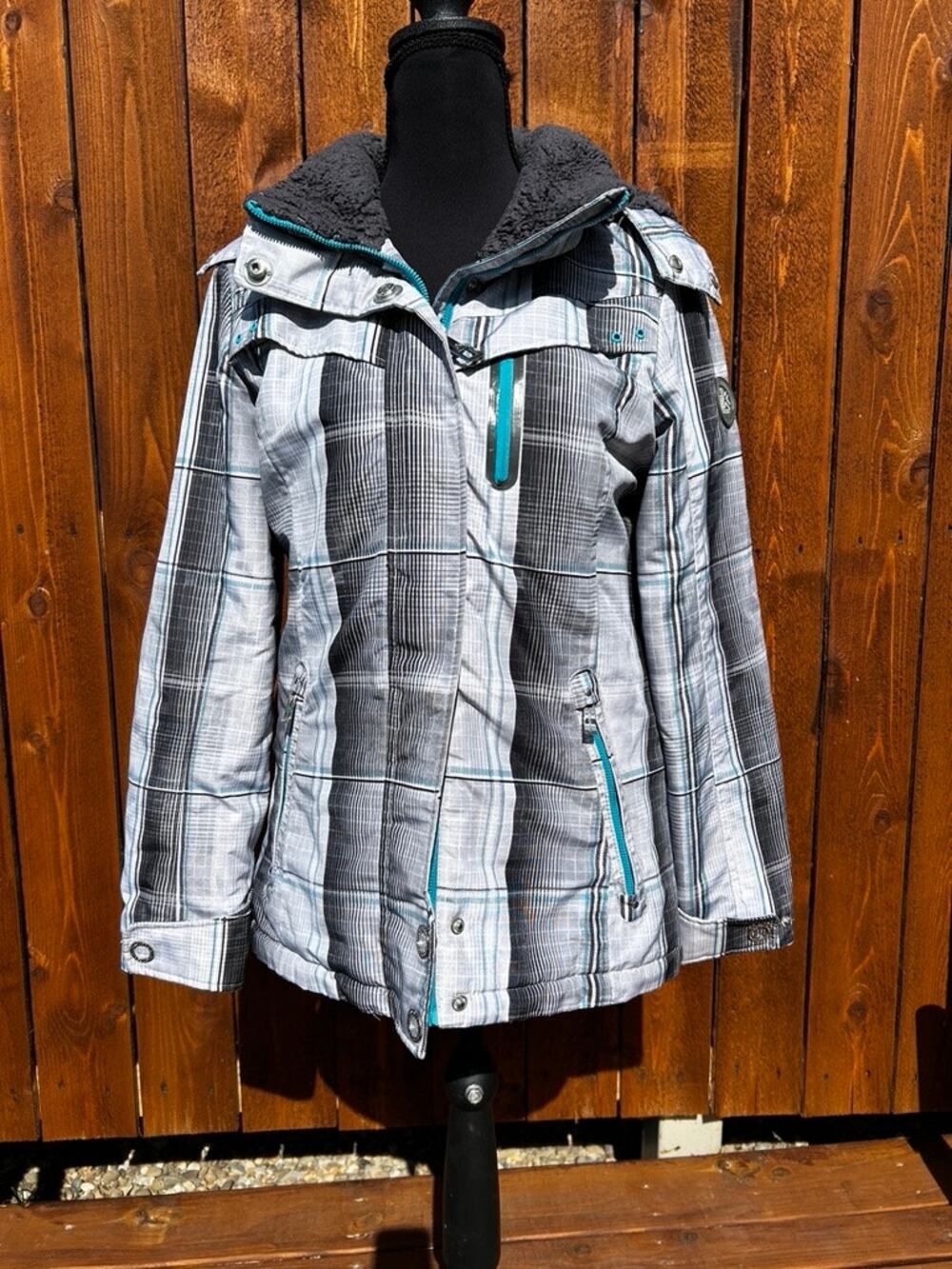 ZeroXposur Women's Plaid Snowboarding Ski Jacket Sz S Grey Teal EUC